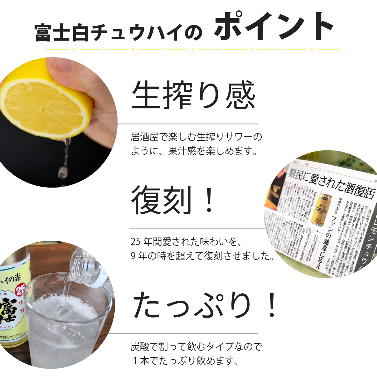 富士白チュウハイは、生搾り感たっぷりで、居酒屋の生搾りサワーのように果汁感が楽しめます。25年間愛された味わいが9年ぶりに復刻！炭酸で割ってたっぷり楽しめるチュウハイです。