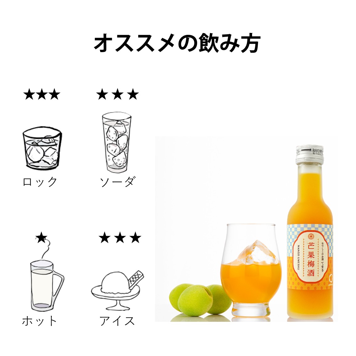 トロピカルマンゴー梅酒のおすすめの飲み方。ロック、ソーダ割り、ホット、アイスの4パターン。