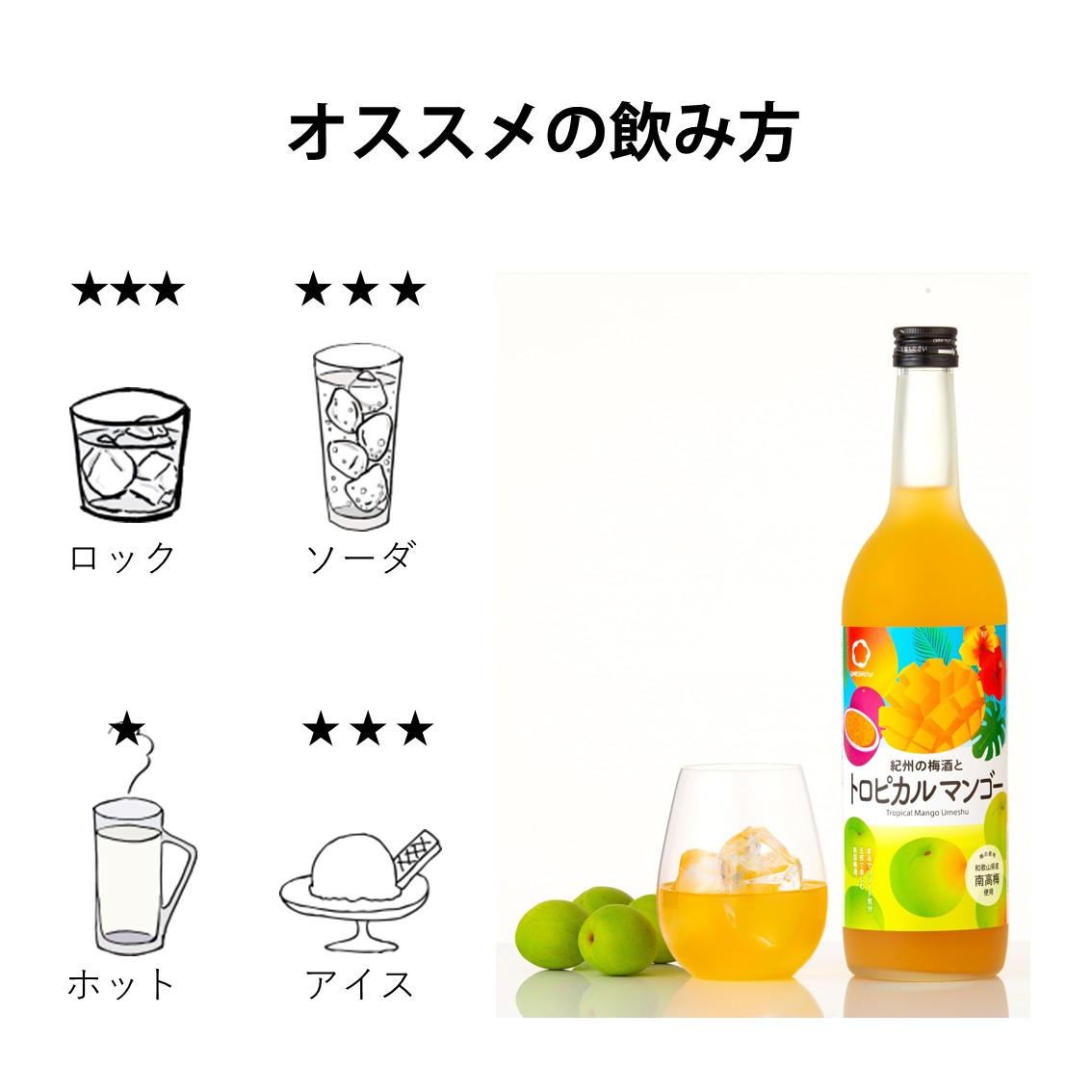 トロピカルマンゴー梅酒のおすすめの飲み方。ロック、ソーダ割り、ホット、アイスの4パターン。